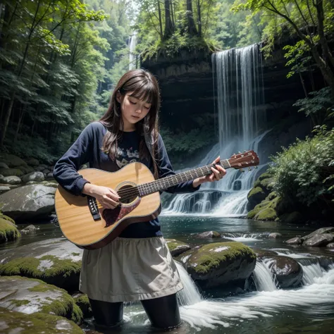 Create a cat playing guitar in a waterfall, forest and lake.   