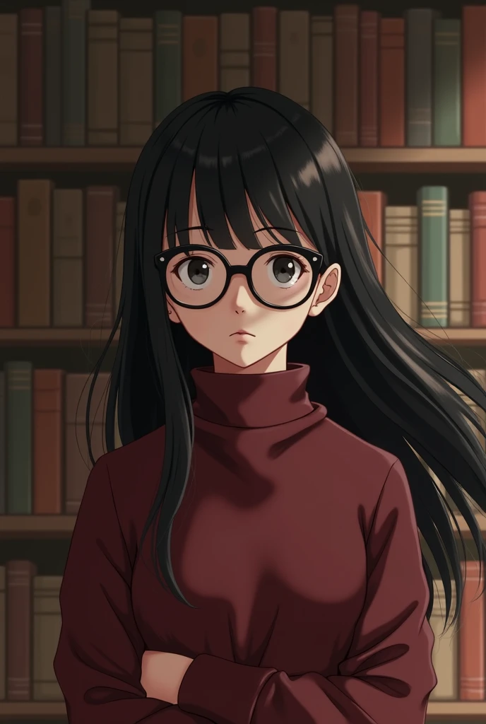 a white girl, black hair, with glasses, chubby girl, Behind her is a bookcase, She is dressed in a wine red shirt that covers her neck