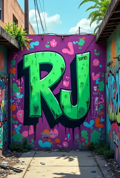 I need a background photo with street art in green and purple colors., on the wall written RJ Sports, in some suburb background, some really dirty art, in some alley RJ Sports