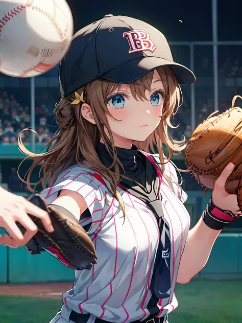 baseball pitcher throwing a ball with her hand over her head on a colored background, baseball mitt, baseball uniform, 1girl, fe...