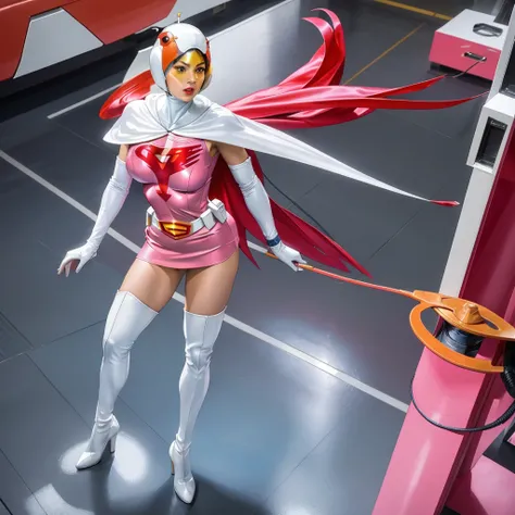 ANI_CLASSIC_jun_gatchaman_ownwaifu,1girl, 15yo,good anatomy, masterpiece, best quality,realistic, hyper realistic, 16k hdr, long hair,breasts,lips,large breasts,lipstick,makeup,gloves,cape,helmet,belt,elbow gloves,white gloves,mask,ultra miniskirt,leotard,...