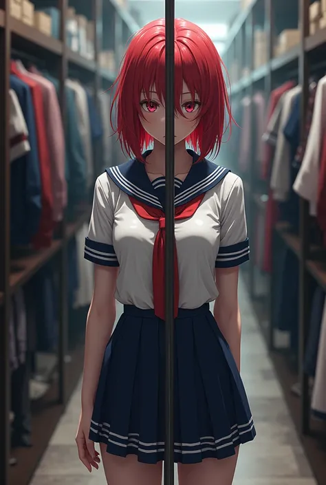 [Core Concept] A dramatic scene depicting Stella Vermilion, a character, impaled by a single-bar prison structure while standing in a clothing shop, wearing her school uniform.

[Character Description] Stella Vermilion is a young woman with a striking appe...