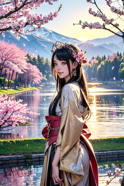 masterpiece, Highest quality, detailed, (One girl), alone, detailed golden eyes, Long Hair, Are standing, Close to the audience, (detailed kimono,Fusion with punk rock), A light smile, Medium chest,  (Put your arms behind your back), water, sunrise, Halo, ...