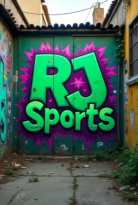 I need a background photo with street art in green and purple colors., on the wall written RJ Sports, in some suburb background, some really dirty art, in some alley RJ SPORTS somewhere in rio de janeiro