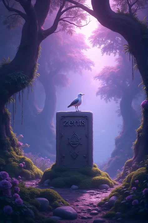 Foret avec des feuilles violettes on ne voit pas le ciel la lumière est violettes au millieux il y a un bloc de pierre sculpté "zenst"il ya des racine de la mousse et un oiseaux blanc est poser 