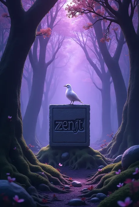 Foret avec des feuilles violettes on ne voit pas le ciel la lumière est violettes au millieux il y a un bloc de pierre sculpté en forme de lettres"zenst"il ya des racine de la mousse et un oiseaux blanc est poser 