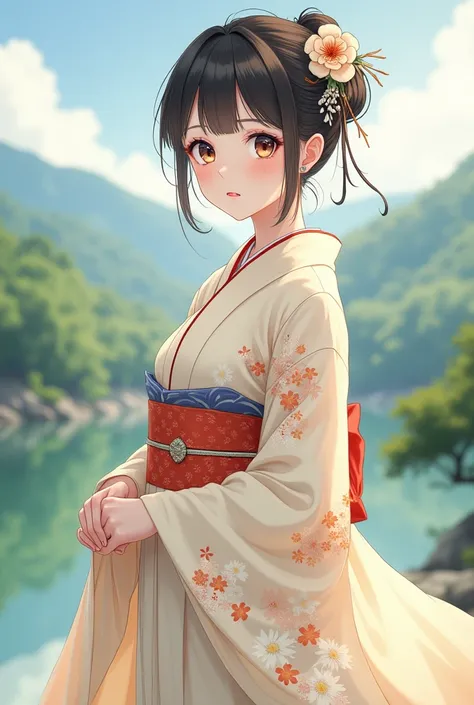 Anime beauty with flat chest and a kimono full body 
