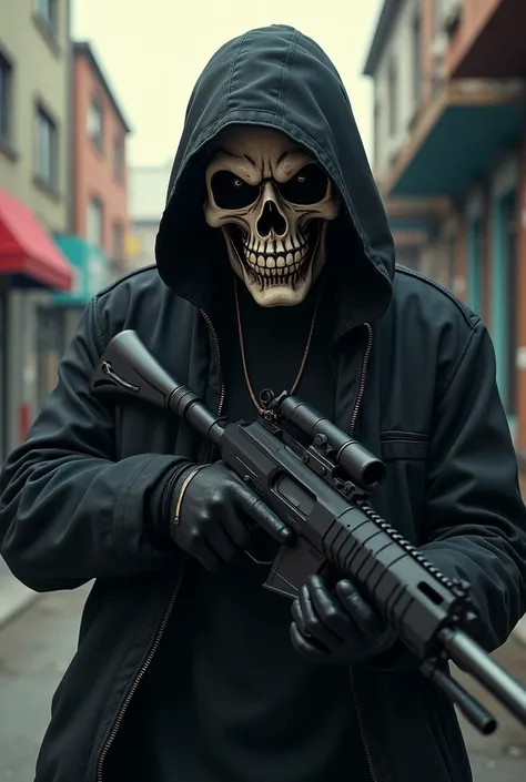 Man with a skull mask on his face and a gun in his hand GTA