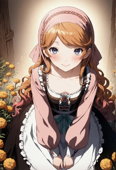 (masterpiece:1.2, best quality), (ultra-detailed), (illustration), (ultra highres), (delicate illustration), (hyper detailed), golden orange hair, gradient hair, very long hair, swept bangs, sidelocks, curly hair, wavy hair, (((((head scarf))))), head band...