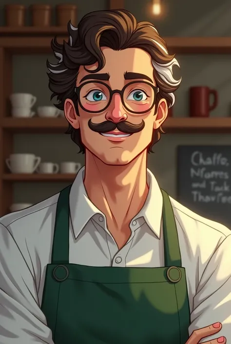 beautiful man wearing baseball cap, curly brown hair with white streaks on the back of his head, bisexual, barista, green apron, glasses, curled mustache, caucasian, blue eyes