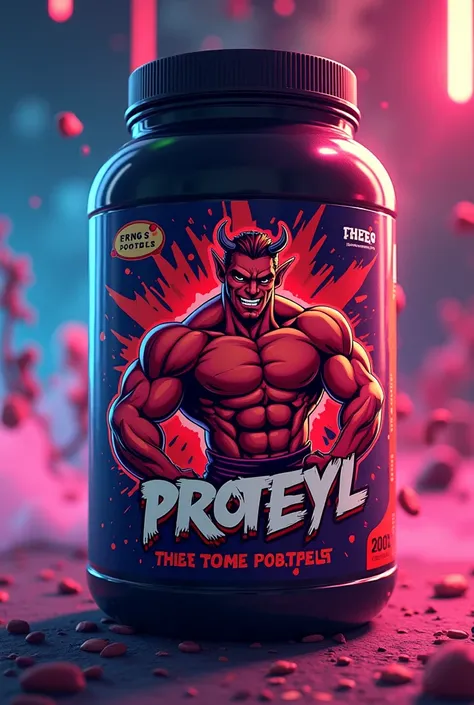 Anime whey protein bottle, a little devil, muscular on the label 