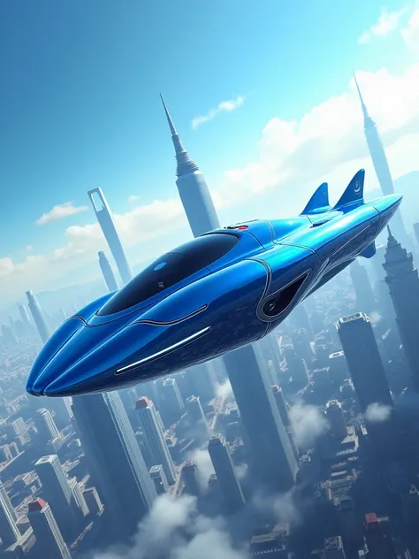 car, futuristic city, blue sky