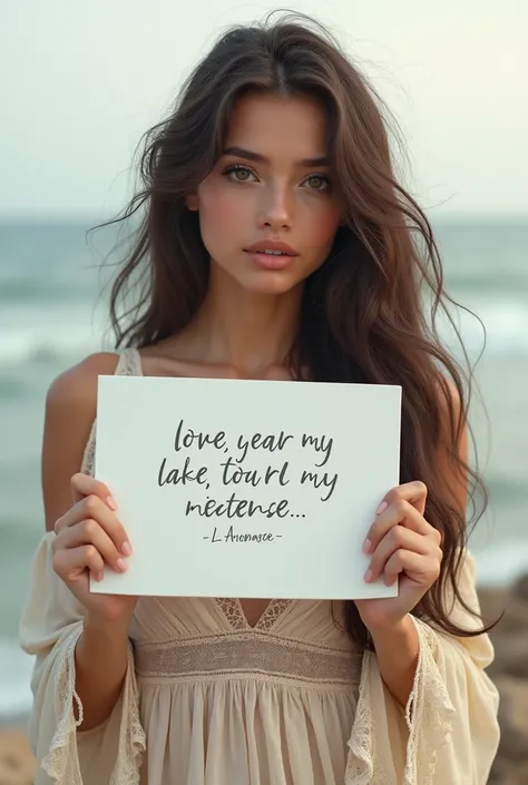 Beautiful girl with wavy long hair, bohemian dress, holding a white board with text "I Love Seaart Infinity" and showing it to the viewer