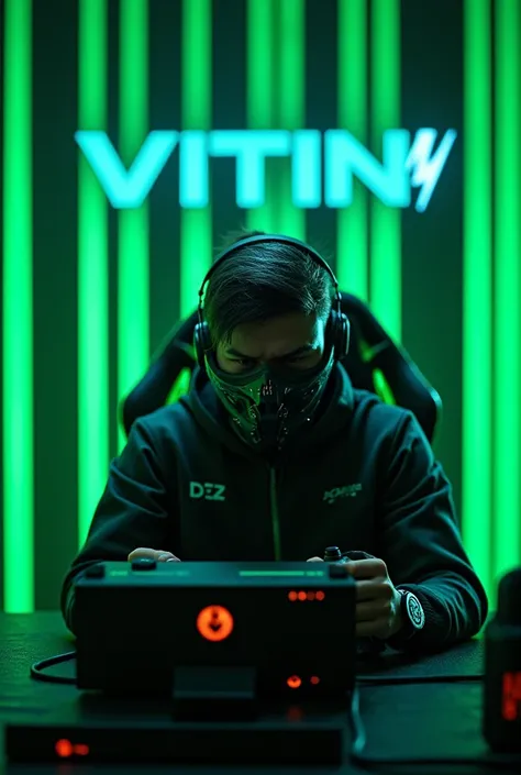 create an image of a shooting gamer character with the VITIN DZ7 logo in the middle of the image with green striped backgrounds put a mask on the character 