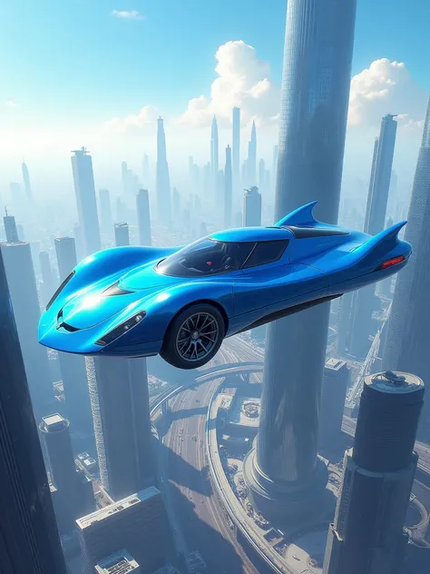 car, futuristic city, blue sky