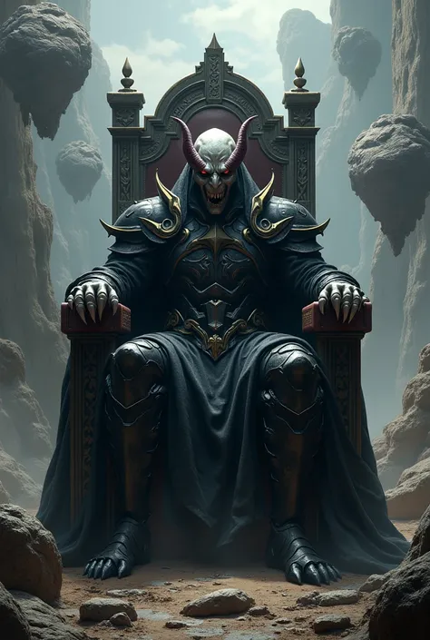 A vampire demon, dressed in heavy armor, sitting on a throne He is on a mountainous surface with floating rocks behind