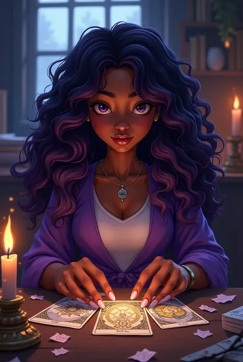 A black-skinned witch, chubby girl with purple curly hair, hair below the shoulders and playing tarot Image in illustration style 