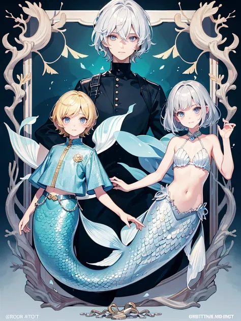 boys, short hairstyle, blond, silver eyes, fish scales on hands, mermaid, high quality