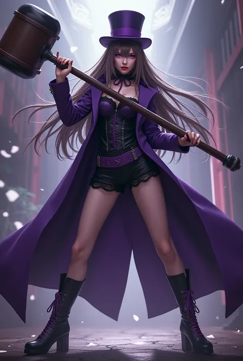 female with long brown hair, white front bangs, she is wearing a dark purple magician’s suit with a small top hat, narrow lilac eyes, mature, full body, tailcoat, garter belt, black shorts, black and purple boots, partly Japanese culture attire, mysterious...