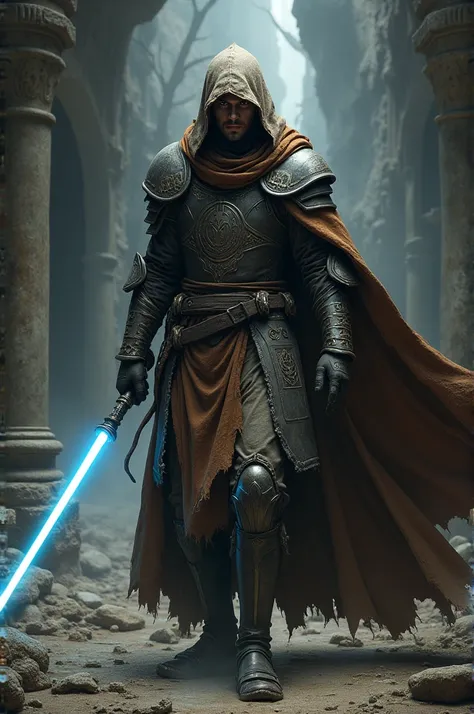 Create me a dungeon and dragon cleric undead hunter looking like Joel from the last of us and a jedi