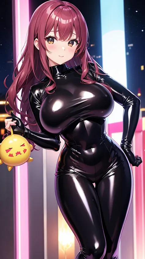 Erotic、tall、Big Breasts、Idol Master　Minami Nitta、Shiny latex rubber suit、turtleneck、Shocker&#39;s clothes、Pink line、Evil Combatants、sexy、Evil smirk face、tall、adult、lure、Alluring、Pitch black background、Dark bedroom at night、Fall into Darkness、Fallen into ev...