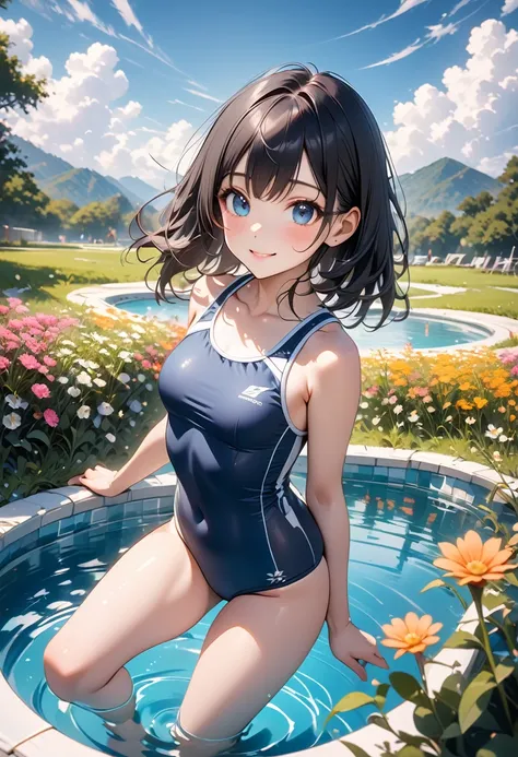 very cute and beautiful girl,(Very exquisite beautiful face and eyes),(Blue school swimsuit),
Are standing,Poolside,Small colorful flowers blooming in the meadow,
(smile),View your viewers,Black Hair,Cowboy Shot,
(Highest quality,masterpiece:1.0),Absurd,Hi...