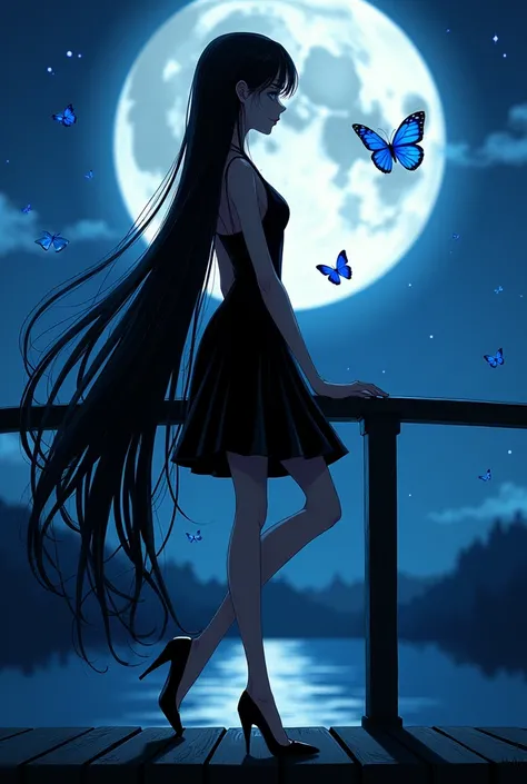 Girl in high heels leaning in profile on the railing of a bridge, black dress and long straight black hair, very long and abundant to the heels. with the moon in the background, Bright blue butterflies with spots around them. long fall. detailed