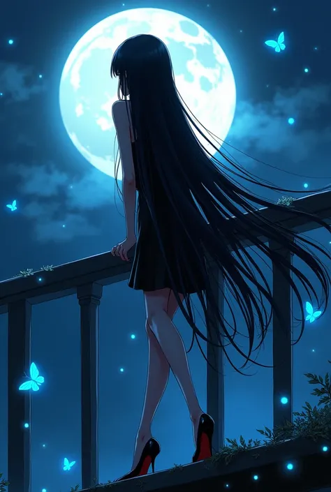 Girl in high heels leaning in profile on the railing of a bridge, black dress and long straight black hair, very long and abundant to the heels. with the moon in the background, Bright blue butterflies with spots around them. long fall. detailed