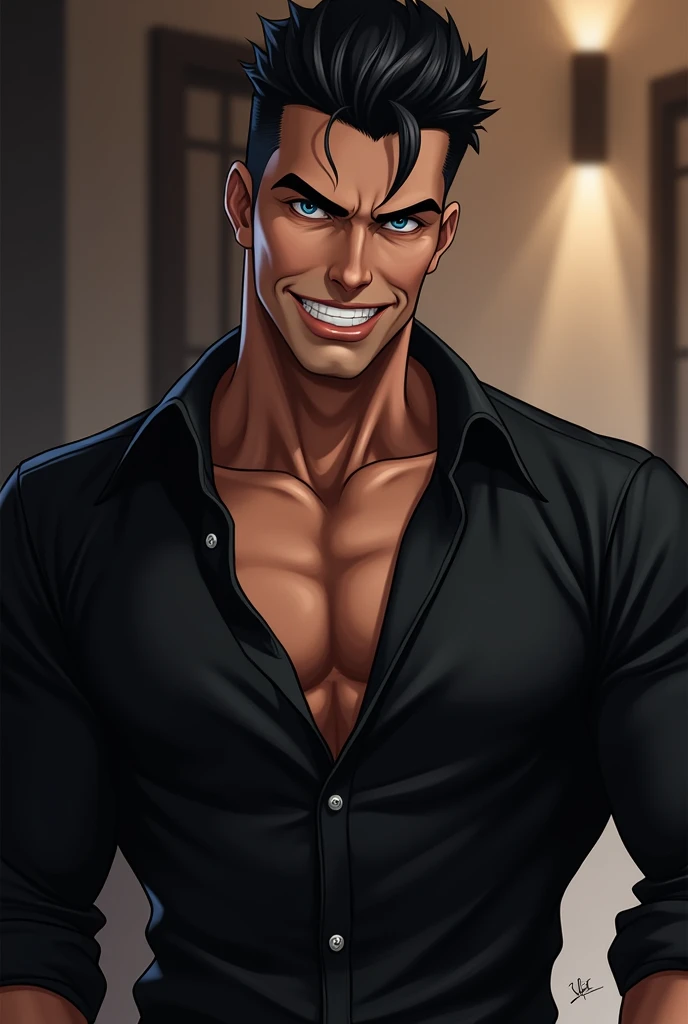  ice blue eyes, His short black hair, the broad body, the black shirt with two open buttons at the top and rolled up sleeves A striking face,. his grin revealed a certain self-confidence,. No beard and very very hot and dominant, mafia boss 