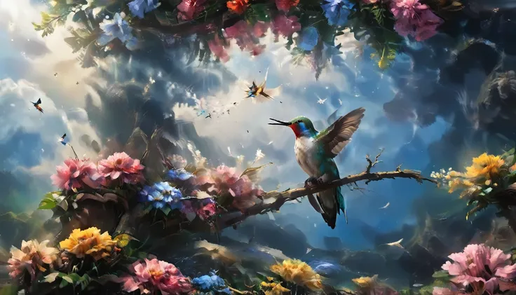 painting of a hummingbird sitting on a branch with flowers, detailed painting by andrei ryabovitchev, behance contest winner, ar...