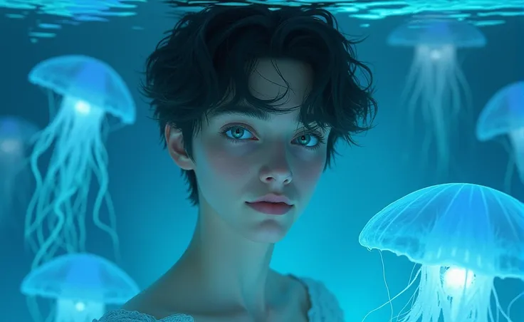 The image shows a young semi realistic man  with a delicate face with blue-green eyes and dark hair, in an ethereal and aquatic environment. Around it float translucent blue jellyfish, whose tentacles create an effect of fantasy and serenity. The soft ligh...