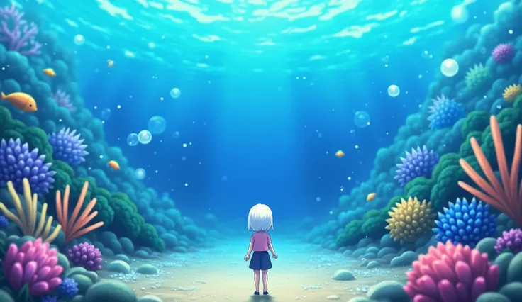 seabedの幼生銀毛貝の家，Girl with short white hair，Colorful bubbles，plant，Glowing Fish，Sparkling，seabed，