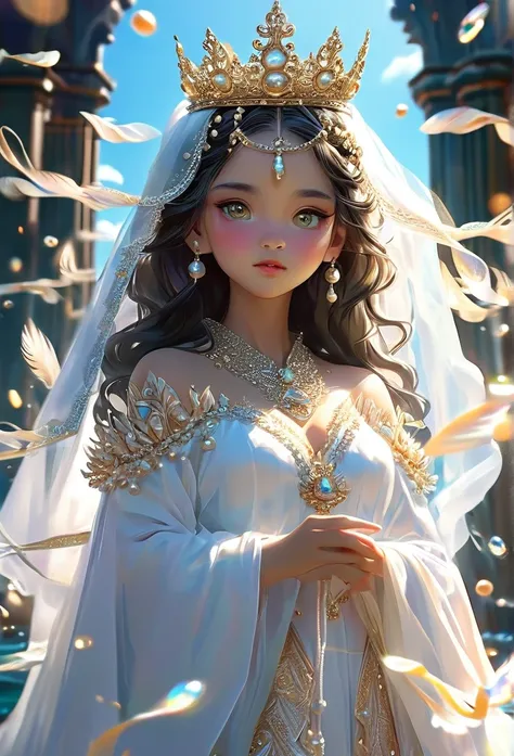 (((King Yemanjá / GOD )))on a SKY a bright light, Sorceress, beautiful female sorceress, (( Yemanjá UHD ))) With a beautiful crown of shells and pearls, volantes+ribbons+detailed in tone , It should look charming and beautiful, Keep the iconic elements of ...