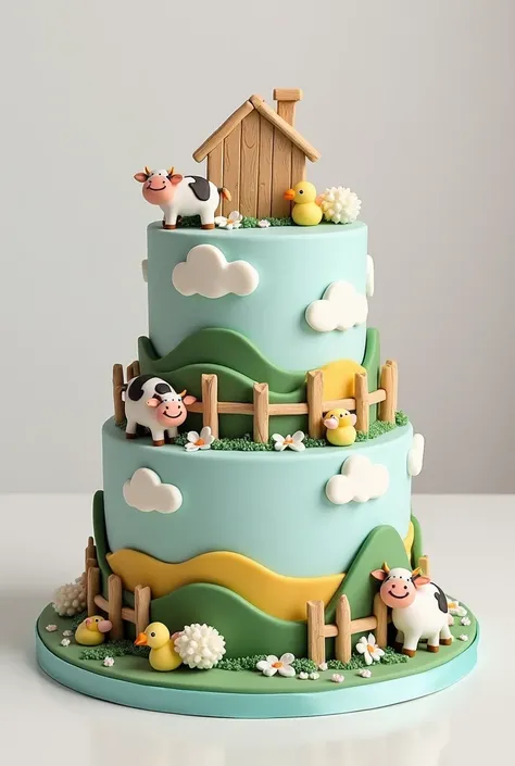 Make a 2-tier farm-themed cake for kids using pastel colors in shades of blue, green, beige and mustard