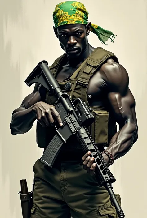 thin black man, bandana with green and yellow colors, m4 in hand pointing up