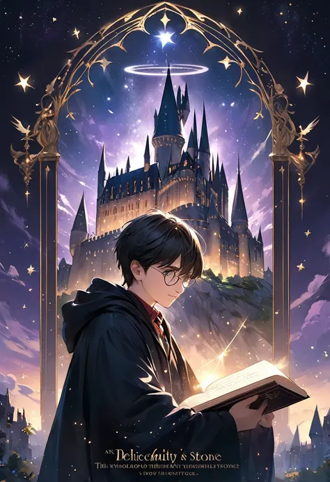 Book cover "Harry potter and the Philosophers Stone" Delicate in the style of WLOP, ホグワーツ城のSparkling Illustrations, It has gravity-defying towers and turrets. The castle is surrounded by a soft halo, Golden Light, Against the backdrop of a deep blue-purple...