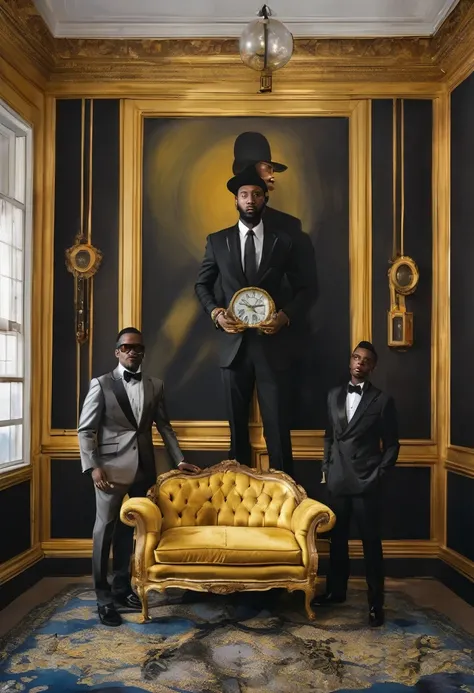 two men in black and gold clothing posing for a picture standing in a room with a chair and a clock on the wall, Chinwe Chukwuogo-Roy, complementing rgb colors, a photorealistic painting, by Roger Forsythe, color scheme, fashion photography