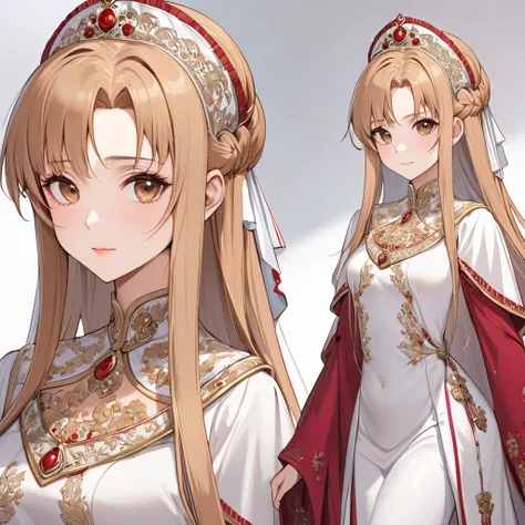 ((Highest quality)), ((masterpiece)), (detailed), （Perfect Face）、The woman is Yuuki Asuna, a Russian, elegant and beautiful Russian noblewoman with light brown, medium-long hair.、The woman is beautifully dressed in the gorgeous and splendid Russian court d...