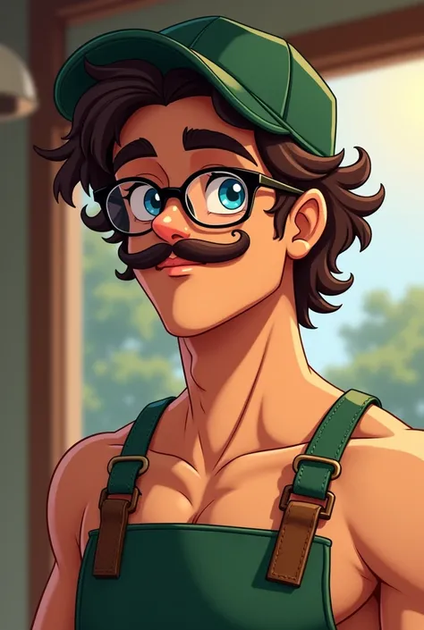 beautiful man wearing baseball cap, curly brown hair with white streaks on the back of his head, bisexual, barista, green apron, glasses, curled mustache, caucasian, blue eyes, 2D, nake, underwear bulge