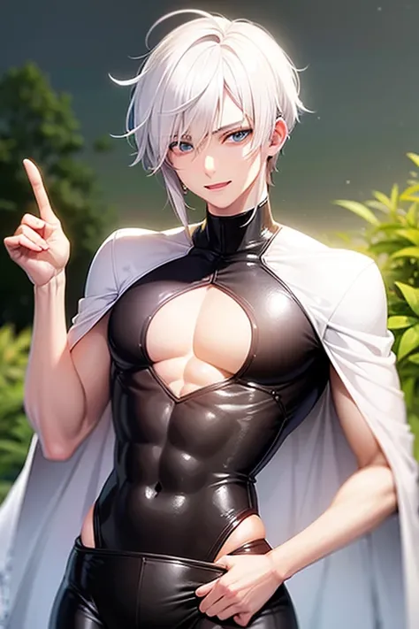 anime male character, white hair, mullet haircut, very light blue eyes, skinny, mocking smile, two tusks, half-closed eyes, white top, cow horns, Porcelain skin, cowboy clothing, farm background, inside a pen, sweaty, looking at camera, dominant eyes, Abdo...