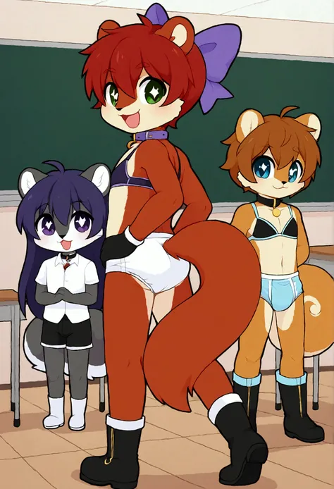 2boys, squirrel, furry, bodyfur, tail, collar, bra, bottomless, gloves, boots, chibi, sparkling eyes, idol, hair bow, happy, full body, diapers, classroom, looking back