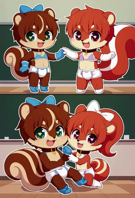 2boys, squirrel, furry, bodyfur, tail, collar, bra, bottomless, gloves, boots, chibi, sparkling eyes, idol, hair bow, happy, full body, diapers, classroom, looking back