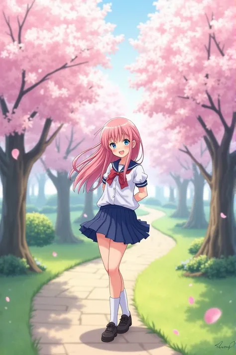 school girl, pink hair, small breasts, (Wide hips:1.2), standing, smile, School uniform, blue miniskirt, hands at the sides, looking at the viewer, outside, near the tree, arms behind the back, (path:0.6), to throw, looking at the viewer, in front of the v...