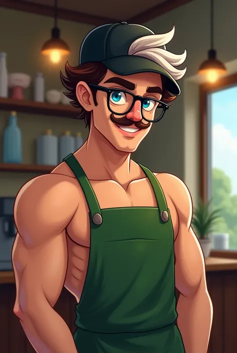 beautiful man wearing black baseball cap, curly brown hair with white streaks on the back of his head, bisexual, barista, green apron, glasses, curled mustache, caucasian, blue eyes, 2D, naked, average body