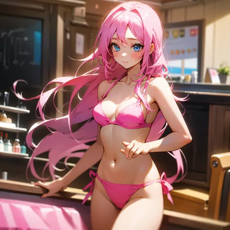 A girl with long hair at a cafe with a pink bikini