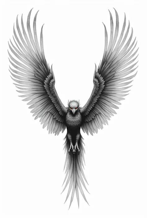 draw a harpy from the front, in black and white, and with the wings closed