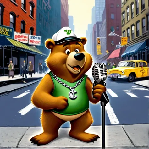 Yogi Bear, cross necklace, looking at viewer, holding Microphone, New York City