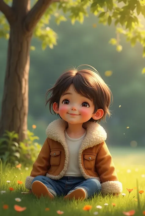 A three year old girl sitting in the park wearing a sheepskin jean jacket with a white shirt and short hair 

