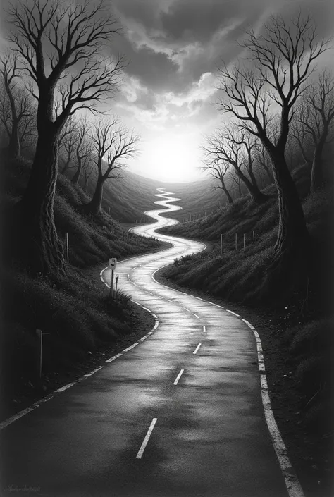 Draw a winding, labyrinthine road stretching into the horizon. The road should have sharp, abrupt turns, creating a sense of disorientation as if it’s constantly changing direction. Use dramatic lighting and shadows to create a distorted light-and-shadow e...