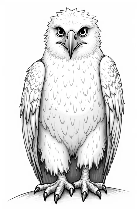 draw a harpy eagle from the front, in black and white, and with the wings closed